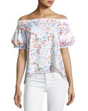 Floral Off-the-Shoulder Half-Sleeve Blouse, White