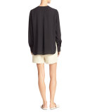 Collarless Pleat-Back Silk Crepe Blouse