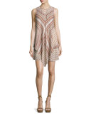 Sleeveless Mitered Multipattern Dress, Cream/Multicolor