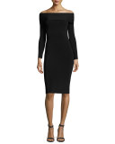Long-Sleeve Off-the-Shoulder Fitted Ponte Dress, Black