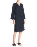 Silk Shirred Belted Shirtdress, Coastal Blue