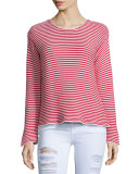 Cropped Jewel-Neck Striped Top, Red Stripe