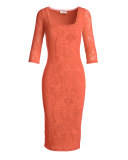 Square-Neck Stretch-Lace Sheath Dress, Tangerine