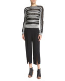 Long-Sleeve Crochet-Striped Sweater, Black/White