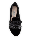 Ruched-Patent Velvet Loafer, Black