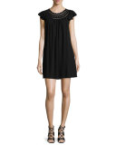 Ruffle-Sleeve Crochet-Inset Shift Dress, Black