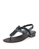 Pearly Crystal Flat Thong Sandal, Black