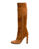 Studded Suede 105mm Knee Boot, Brown