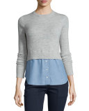 Cati Wool Shirttail Combo Sweater, Gray/Blue