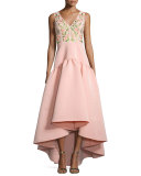Sleeveless Floral-Embroidered High-Low Dress, Blush