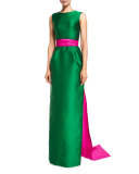 Sleeveless Column Gown w/Contrast Sash, Evergreen/Hot Pink