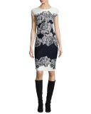Nadia Floral Knit Cap-Sleeve Dress, Frost/Navy