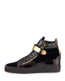 Men's Velvet High-Top Sneaker with Golden Bar, Navy