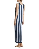 Sleeveless Striped Maxi Coverup Dress, Navy/White