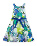 Sleeveless Floral Pleated Dress, Blue, Size 7-14