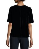 Half-Sleeve Jewel-Neck Velvet Tee, Blue