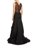 Sleeveless V-Neck Plisse Gown, Black