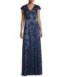 Cap-Sleeve Floral Jacquard Gown 