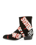 Embroidered Velvet Ankle Boot, Black