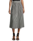 Divya Belted Striped Silk Midi Skirt, Black/White
