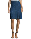 Pleated Denim A-Line Skirt, Maritime