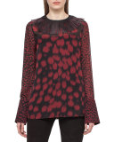 Embellished-Collar Cheetah-Print Blouse, Mangosteen/Black
