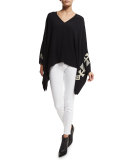 Embroidered Cady Poncho Top, Black
