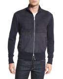 Suede-Front Zip-Up Wool Jacket, Navy