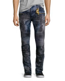 Distressed Dirty-Wash Moto Jeans, Blue