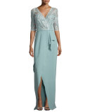 3/4-Sleeve Lace-Top Column Gown 