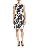 Beaded Faille Sheath Dress, White/Navy