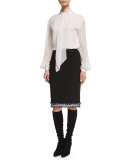 Fringe-Trim Boucle Pencil Skirt, Caviar/Frost