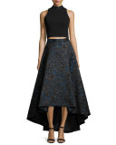 Floral Jacquard High-Low Skirt, Black/Blue