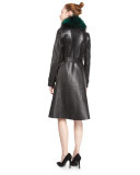 Valinda Leather Trench Coat w/Fur Collar, Black