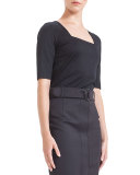 Square-Neck Half-Sleeve Jersey Top, Black