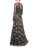 Strapless Floral-Embroidered Gown, Black/Gold