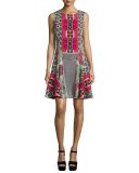 Sleeveless Geometric-Print Flounce Dress, Red