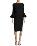 Bell-Cuff Bateau-Neck Sheath Dress, Black