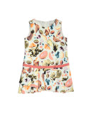 Sleeveless Pleated Fruit Shift Dress, Multicolor, Size 4-10