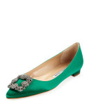 Hangisi Crystal-Buckle Satin Flat, Emerald