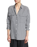 Long-Sleeve Oversized Gingham Utility Shirt, Navy/White