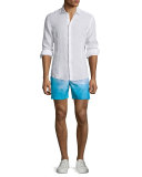Bulldog Beached Print Swim Trunks, Blue Pattern