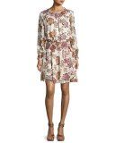 Indie Smocked Off-the-Shoulder Floral Silk Dress, Ivory