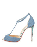 Senora Denim 100mm Red Sole Sandal, Blue/White