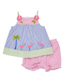 Sleeveless Striped Seersucker Flamingo Dress w/ Bloomers, Multicolor, Size 3-24 Months