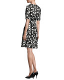 Fil Coupe Half-Sleeve A-Line Dress, Ivory/Black