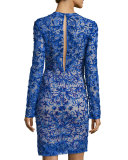 Long-Sleeve Floral-Appliqué Cocktail Dress, Royal Blue