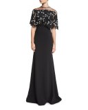 Floral Lace Capelet Gown, Black/Ivory