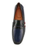 Perceval Leather Driver with Trainspotting Stripe, Ink/Dark Emerald