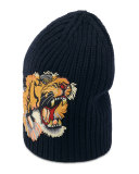 Wool Beanie Hat w/Tiger Patch, Navy